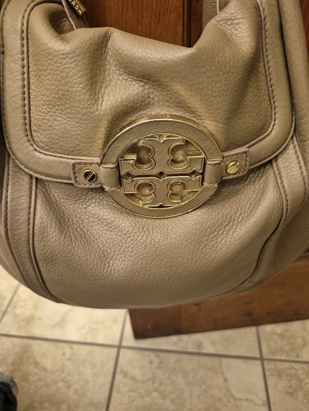 Tory Burch Taupe Pebbled Leather Hobo with Gold Logo Medallion